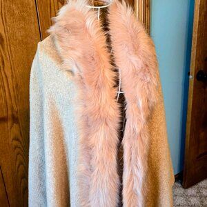 Handmade Polyester Blend Shawl w/ Faux Fur Collar - Soft Wrap Fringe Trim
